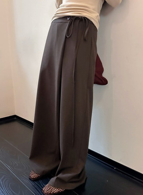 DIGM | 2025秋冬极简老钱风侧边纽扣系带亚麻阔腿休闲裤女A19516