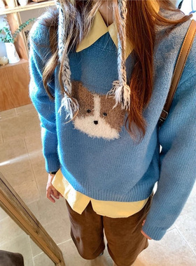 韩系可爱植绒小狗蓝色套头毛衣女宽松秋冬慵懒洋气内搭针织衫上衣