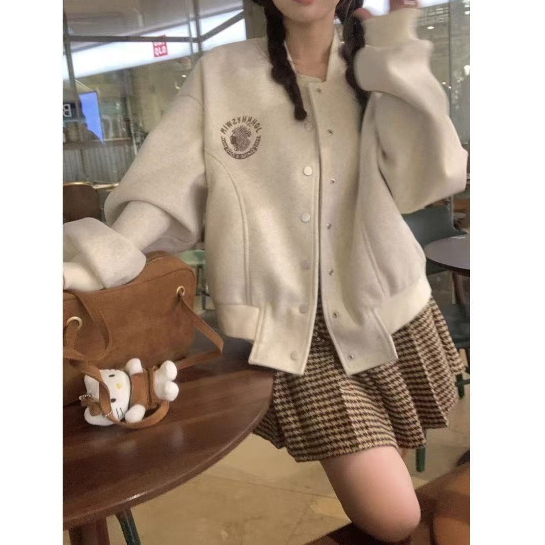 美式棒球服白色外套女秋
