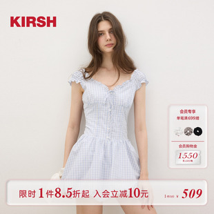 韩系格纹收腰花苞连衣裙女夏季 樱桃KIRSH 甜美收腰显瘦少女短裙