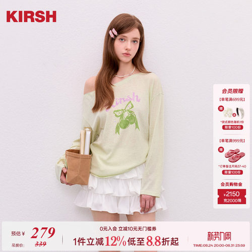 樱桃KIRSH松弛蝴蝶结印花斜肩T恤