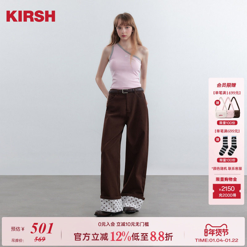 樱桃KIRSH 韩系复古印花卷边阔腿休闲裤女秋冬新款百搭直筒长裤,女装/女士精品,休闲裤,淘宝优惠券,粉丝福利购,淘宝优惠卷