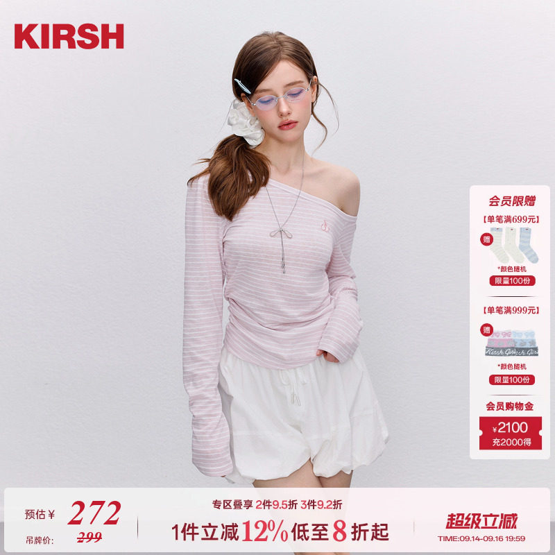 樱桃KIRSH韩系少女感条纹斜肩T恤图片