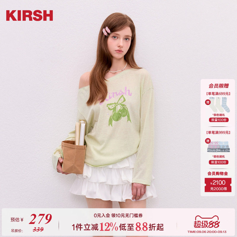 樱桃KIRSH松弛蝴蝶结印花斜肩T恤图片