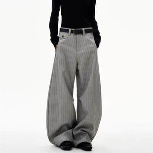 美式复古老钱风条纹西裤男女cleanfit垂感宽松裤子弯刀休闲西装裤