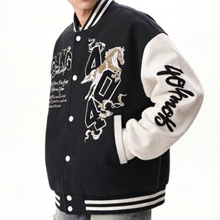 2026马年本命红色棒球服外套男女款撞色奔马刺绣美式飞行夹克棉衣
