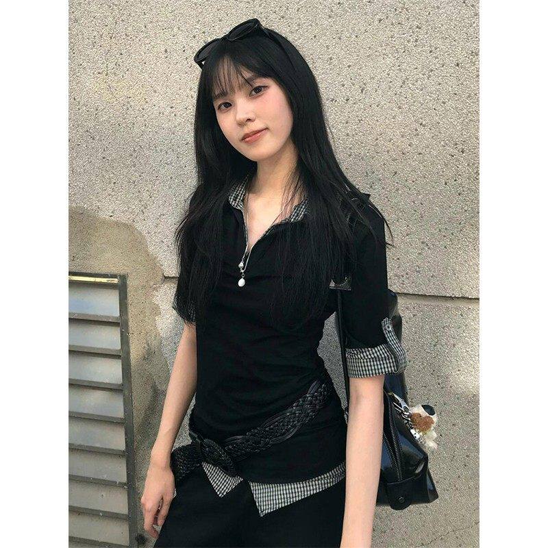 学院风polo衫短袖女春夏撞色格纹假两件修身t恤vintage甜辣上衣潮