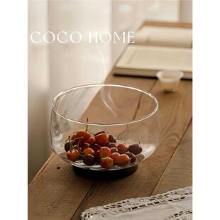 COCO ins高档轻奢玻璃果盘大容量家用客厅木质底盘高颜值精致果盆