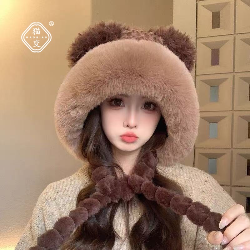 可爱小耳朵毛绒帽子女冬加绒加厚