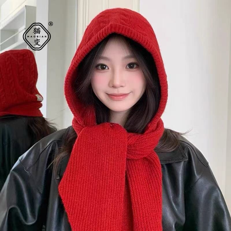 红色羊毛巴拉克拉法帽女冬季帽子围巾一体保暖针织帽显脸小毛线帽