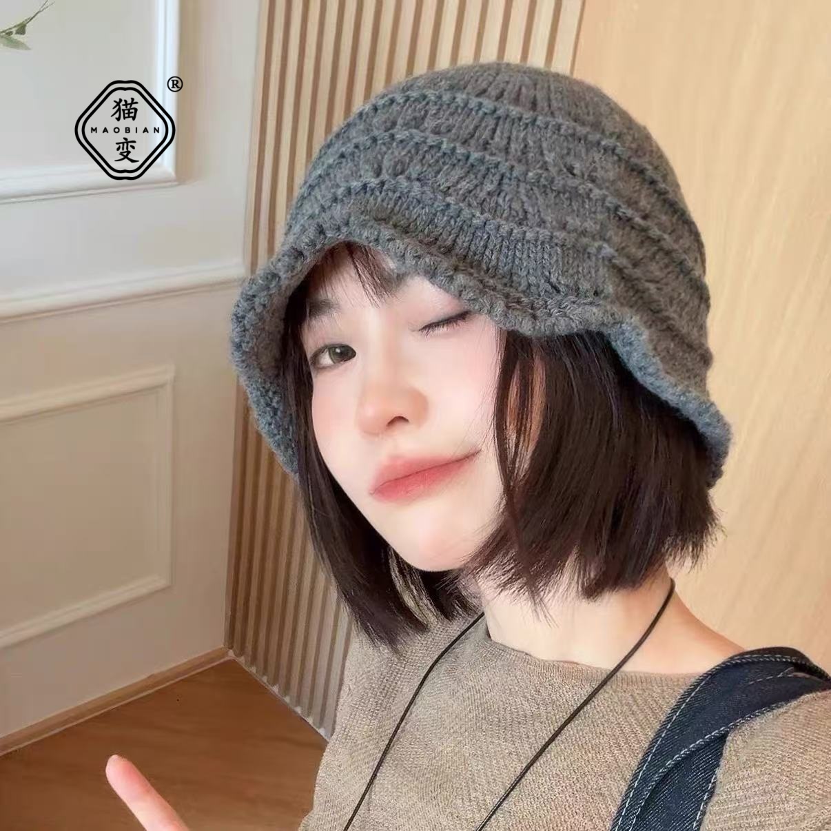 日系纯色简约针织渔夫帽女显脸小