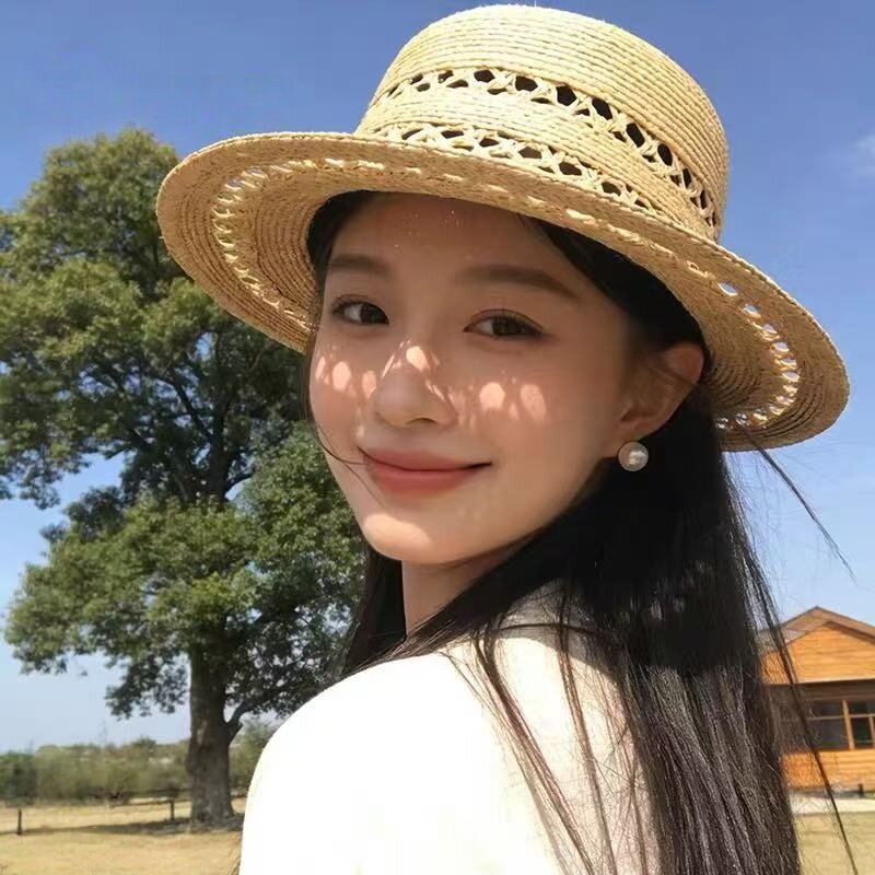 法式平顶手工编织草帽夏季显脸小图片
