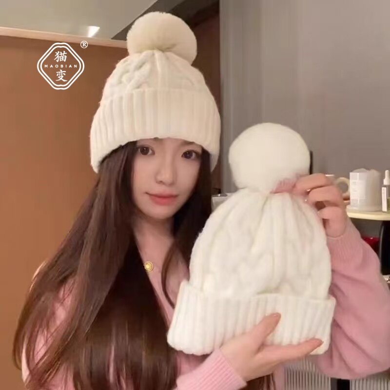 麻花毛线针织帽子女冬季保暖加绒加厚百搭套头帽防风护耳包头冷帽