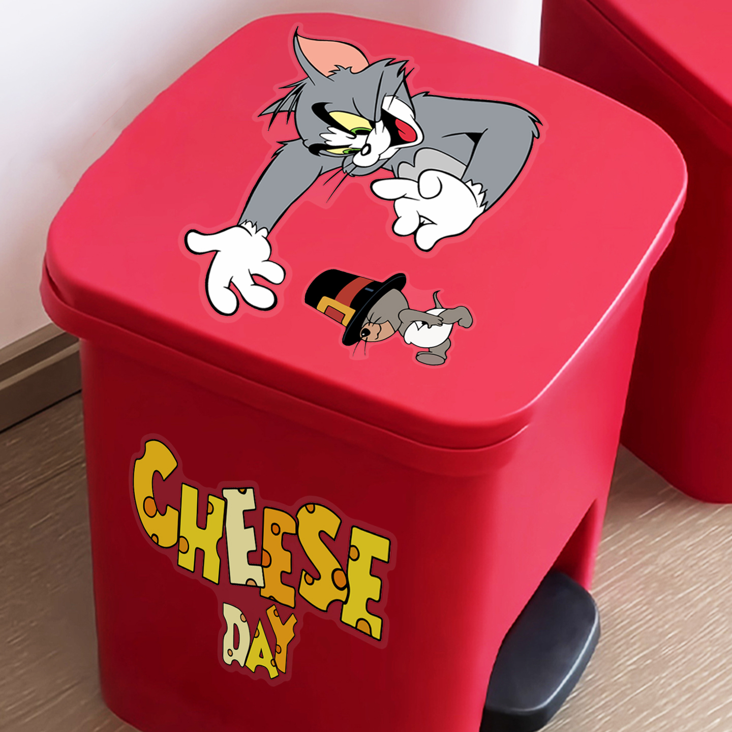 猫和老鼠垃圾桶玻璃贴纸可爱卡通装饰厨房客厅垃圾桶改造美化贴画