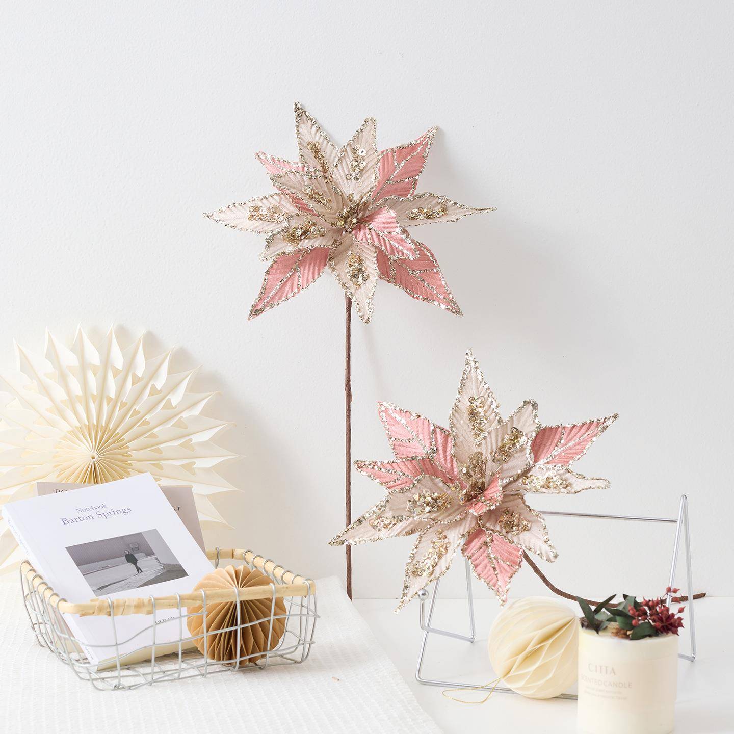 跨境新款圣诞节装饰品粉色韩系圣诞花高档手工布艺仿真花节日装饰