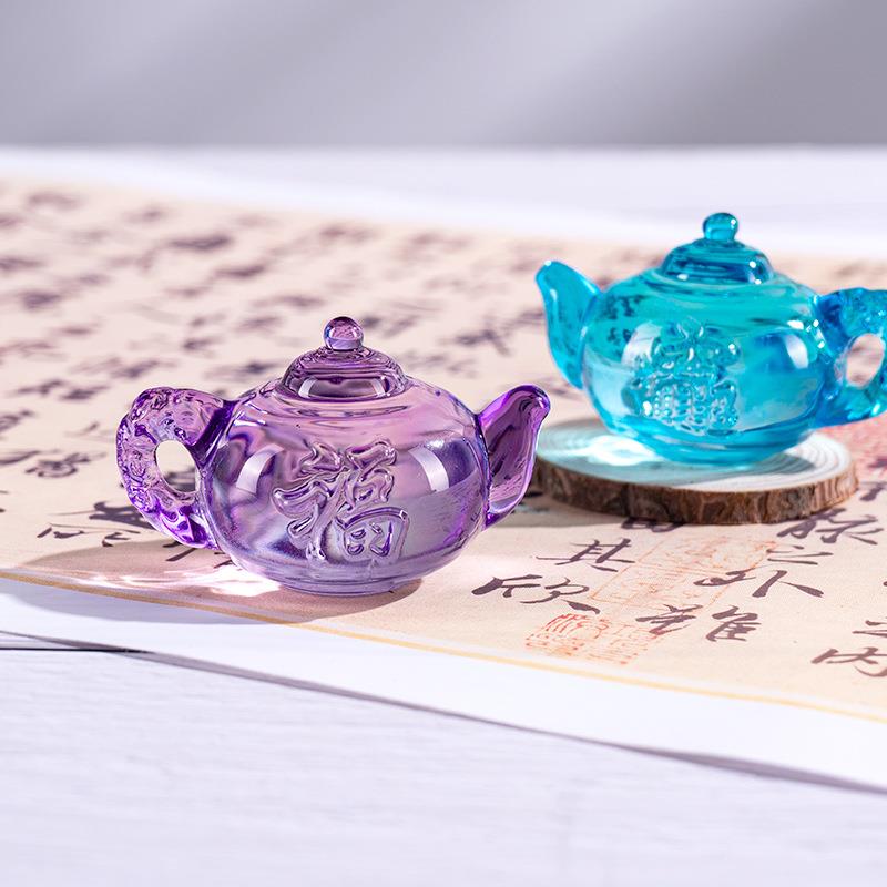 黄水晶把把壶摆件琉璃小茶壶文玩手把件礼品家居装饰摆件七彩渐变