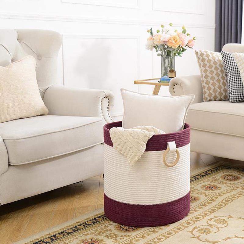 北欧棉线编织脏衣篮大容量玩具杂物脏衣服收纳筐子带把手脏衣篓桶