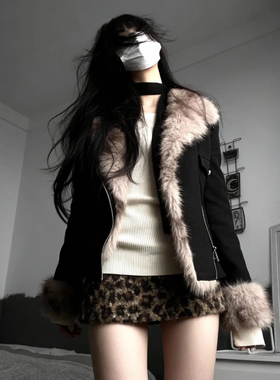 JIYA黑色皮毛一体毛绒毛领外套女秋冬季加厚短款修身机车夹克棉服