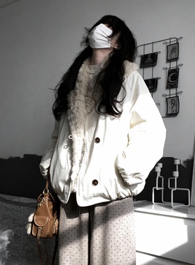 JIYA 2025秋冬新款初雪大翻领花苞棉服女的初冬皮草外套女加厚款