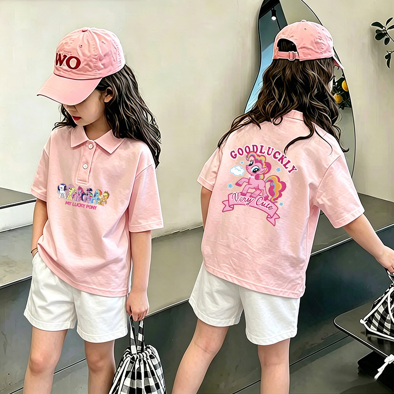 Polo衫纯棉短袖T恤女童卡通翻领拉布可爱多巴胺夏季印花女孩上衣