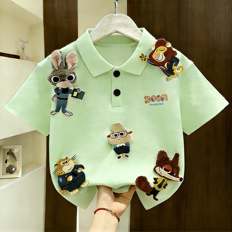 夏季男女童Polo领短袖纯棉T恤疯狂动物立体玩偶娃娃卡通翻领上衣