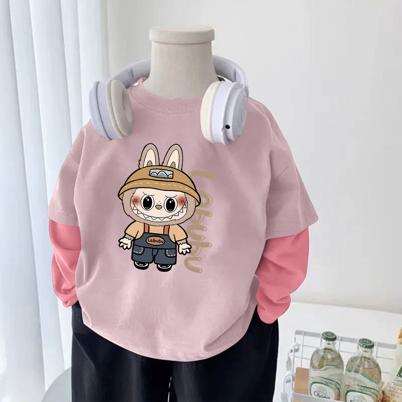 儿童春秋2025新款假两件纯棉长袖t恤男女童拉布设计感学生打底衫