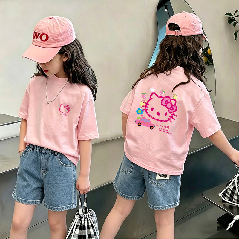童装2026新款夏季纯棉卡通印花helloKitty女童短袖T恤可爱打底衫