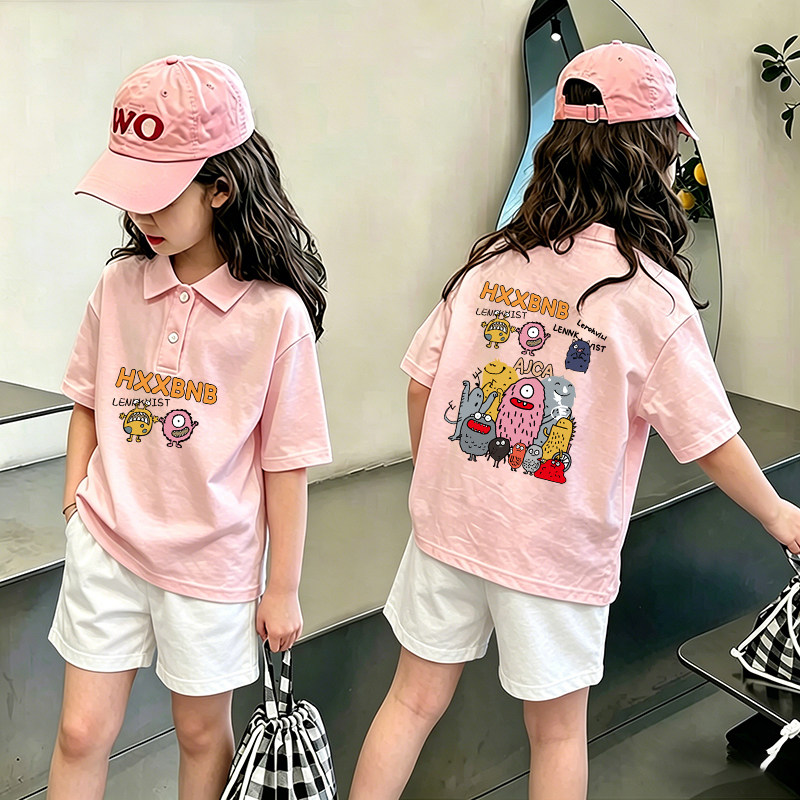 女童卡通印花POLO衫短袖T恤夏季新款学院风百搭女孩纯棉翻领上衣