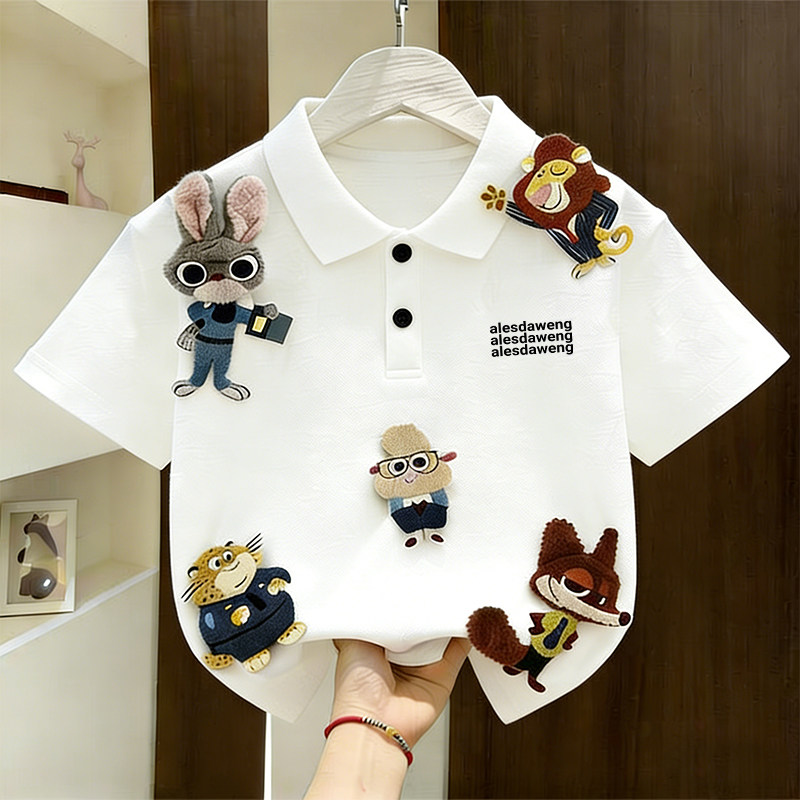 儿童纯棉Polo衫短袖T恤卡通疯狂动物立体公仔夏季男女童翻领上衣