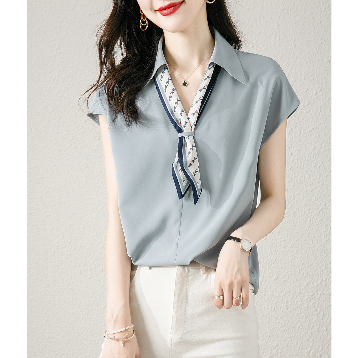 New Contrast Color Removable Bow Tie French  Commuter  Shirt