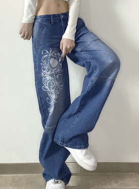 printed baggy wide-leg jeans2022腰褶皱爱心印花直筒阔腿牛仔裤