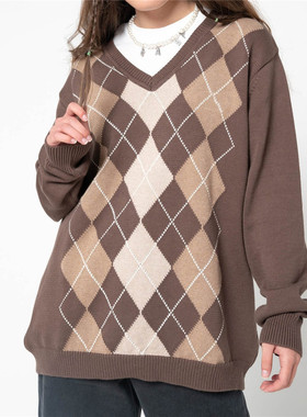 Lozenge V-neck loose long-sleeved top 菱形V领宽松长袖上衣女