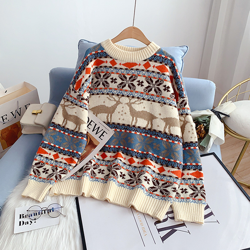 女式新款圆领宽松提花毛衣