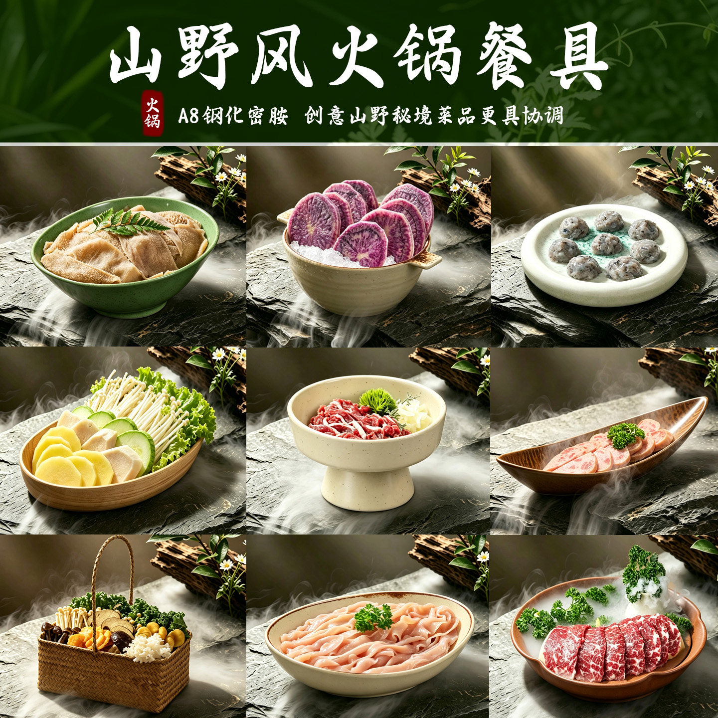 网红特色山野风火锅店鲜切牛肉盘鹅肠毛肚盘蔬菜菌菇盘意境涮肉盘