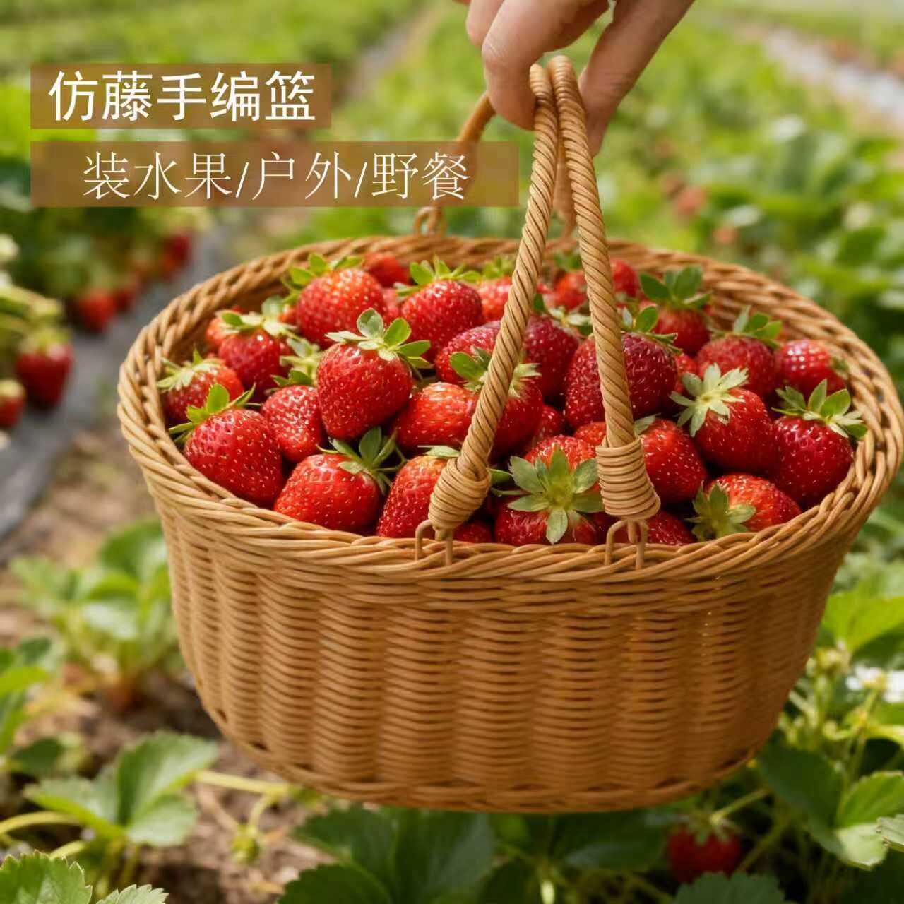 水果篮花篮户外提篮野餐摘草莓摘菜手提篮子老式农村收纳仿藤编织