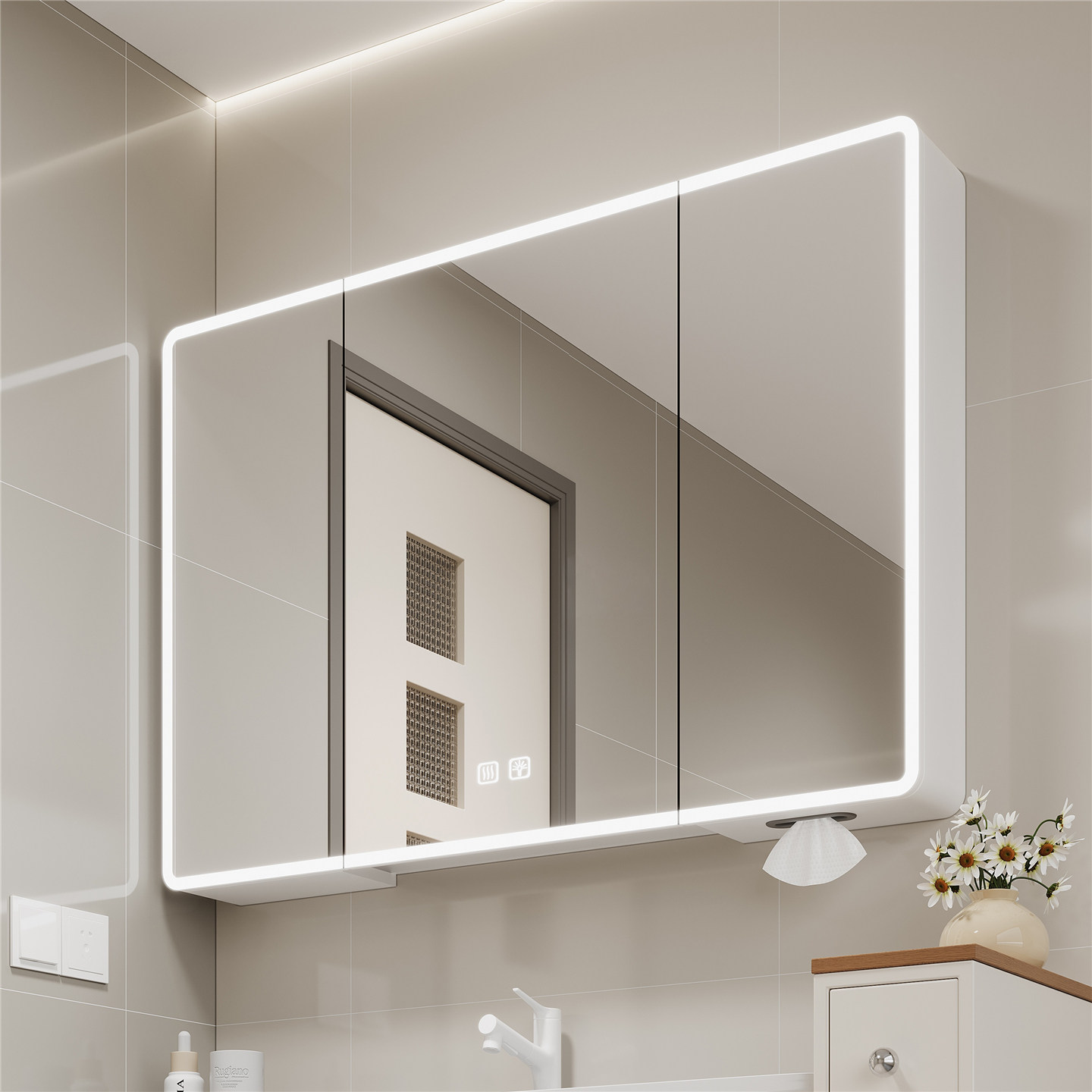太空铝加高智能浴室镜柜挂墙式卫生间单独镜子收纳柜带插座置物架