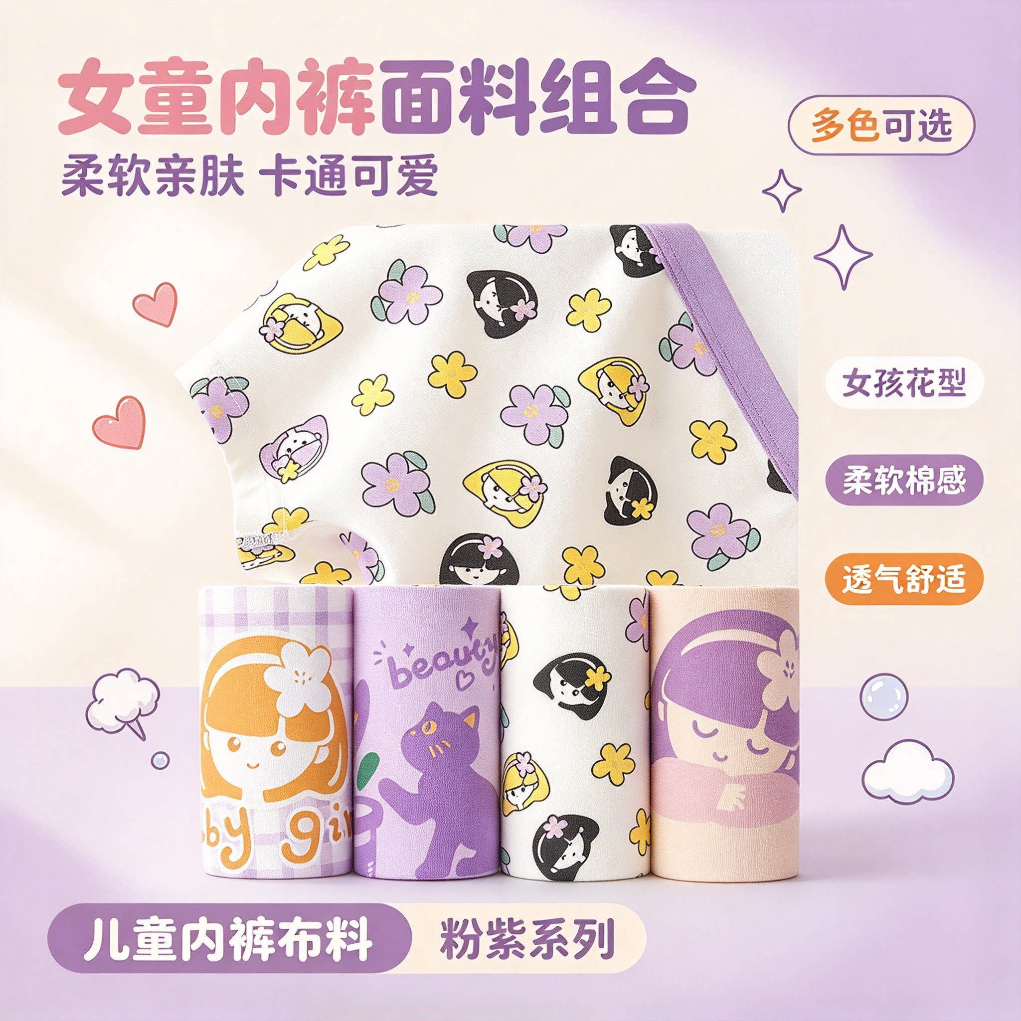 女童内裤面料儿童卡通印花布料女孩柔软棉感 DIY 内衣裤布料粉紫
