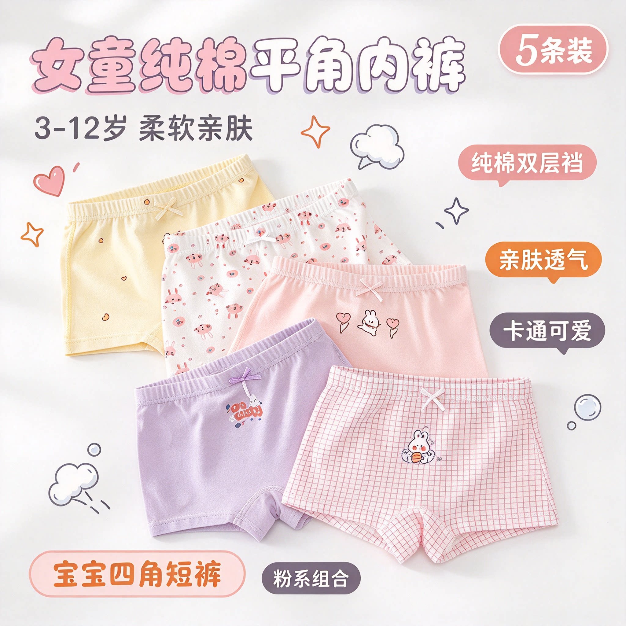 女童平角内裤纯棉3-12岁女孩四角短裤宝宝儿童底裤卡通可爱5条装