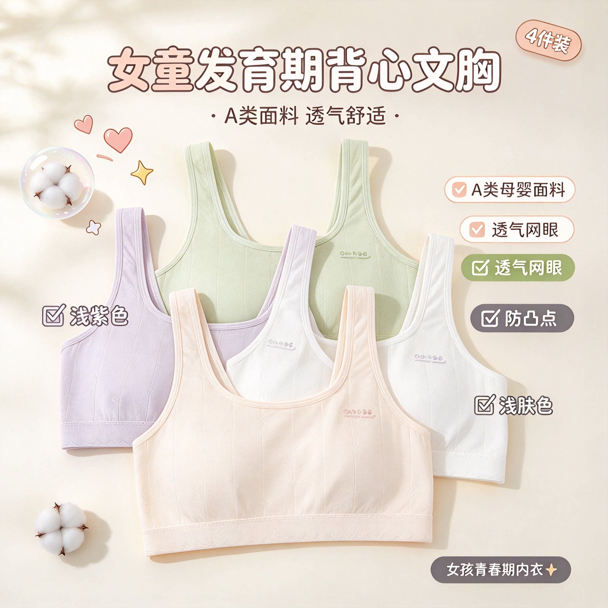 女童发育期内衣少女学生初期背心文胸女孩A类面料防凸点儿童胸罩