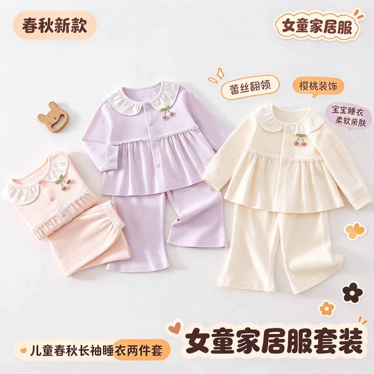 女童家居服春秋新款儿童蕾丝翻领樱桃睡衣宝宝长袖套装童装潮