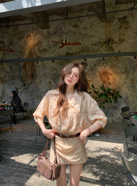 八盖pinky piggy 茶歇小会 千金感杏色浮雕浪花衬衫连衣裙夏短裙