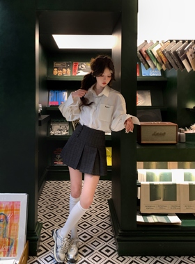 八盖pinky piggy 特调布朗尼 经典格纹半身裙女高腰灰色显瘦裙裤