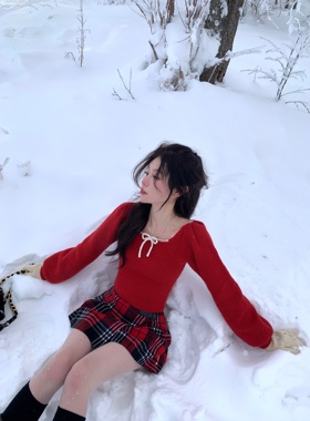 八盖pinky piggy Red Cherry 红色毛衣女蝴蝶结小众别致内搭上衣