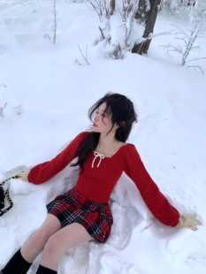 Cherry Red 红色毛衣女蝴蝶结小众别致内搭上衣 piggy 八盖pinky