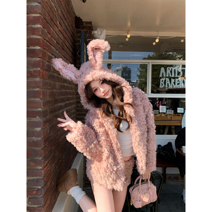 高腰短裤 八盖pinky 软糯粉色环保皮草外套套装 兔子警官 piggy