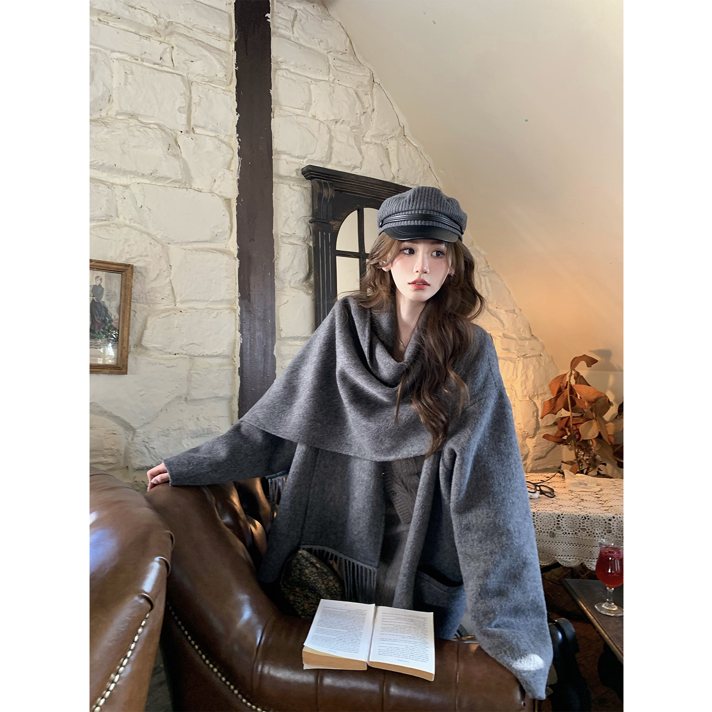 八盖pinky piggy 魔女概论 学院风灰色斗篷大衣高级感双面呢外套