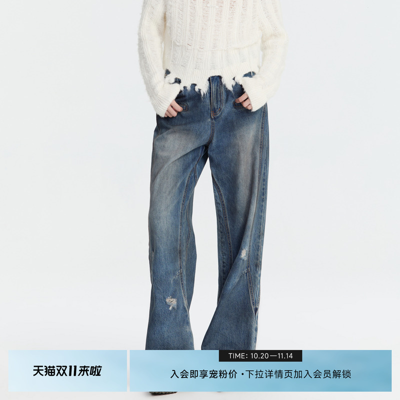 REVAN芮范奥莱冬季设计师款做旧磨破直筒牛仔裤RM91302149