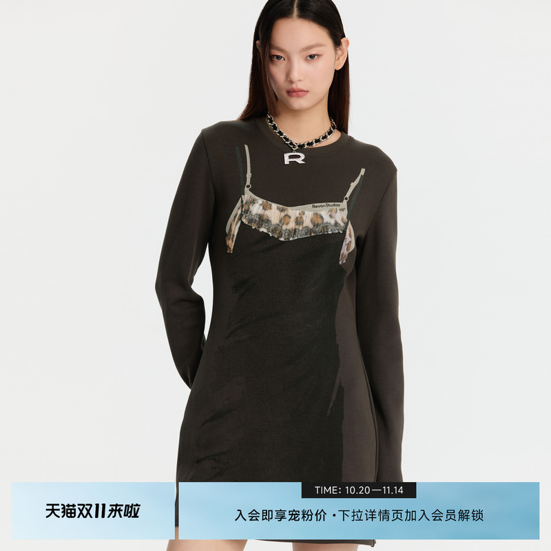 REVAN芮范奥莱冬季设计师款废土风咖色小A摆连衣裙RM91101013