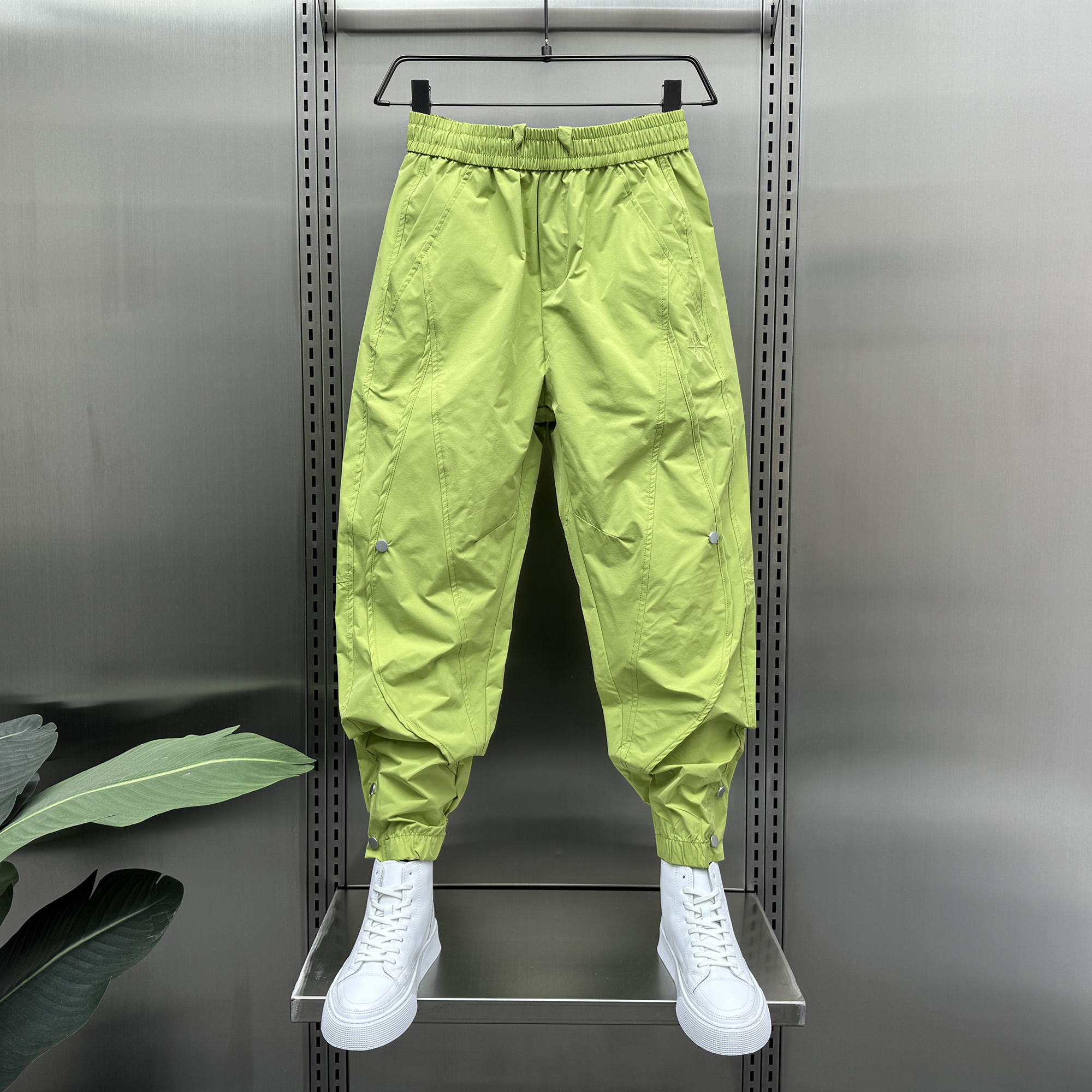 夏季薄款潮流个性排扣拼接束脚裤