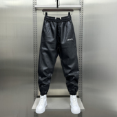 男款 2024秋冬宽松刺绣字母加绒PU防风裤 骑手保暖哈伦束脚皮裤 潮流